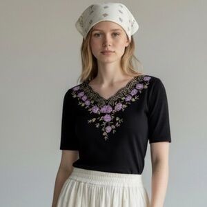 Vintage French embroidered floral sheer Black Top Purple Gold flower butterflies